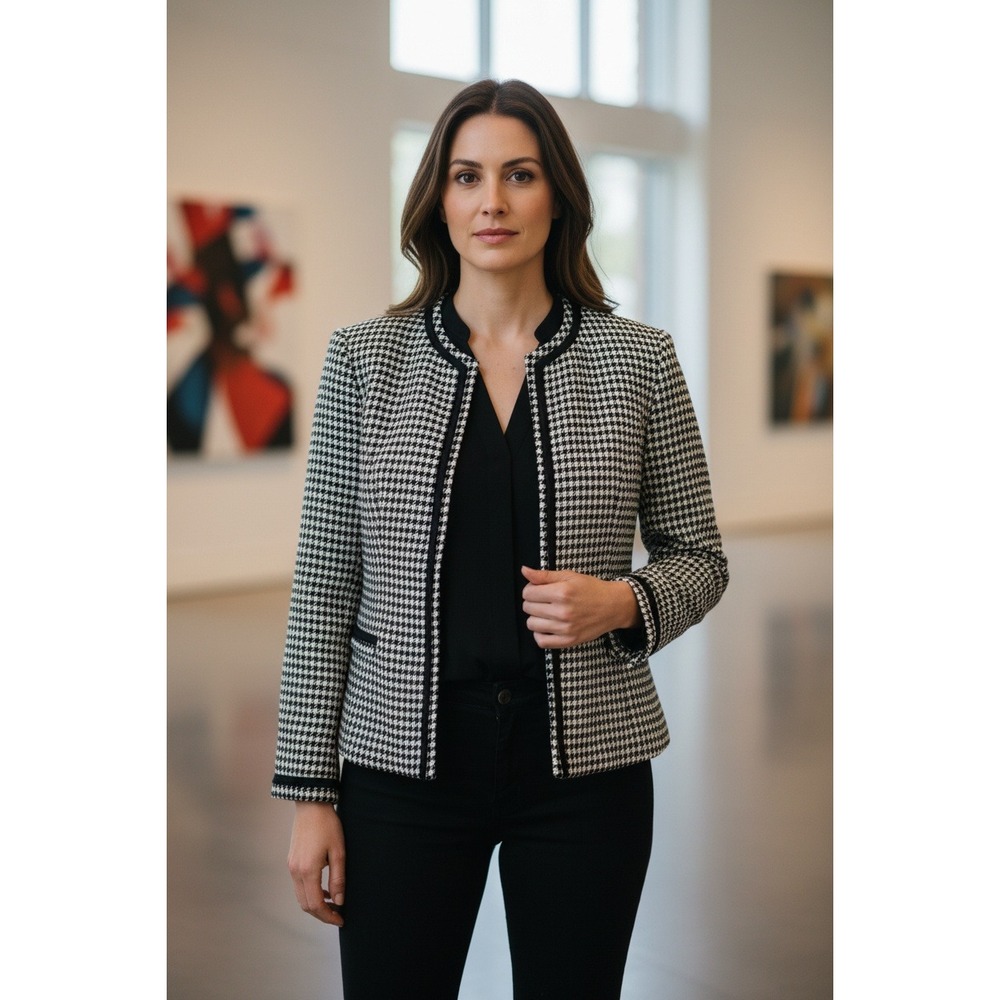 STUDIO I PETITE Houndstooth Blazer Jacket Black White Trim Collarless‎ Women 12P